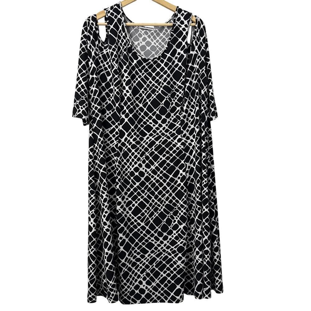 Susan Graver Dress Womens Size 1X Midi Black White Liquid Knit